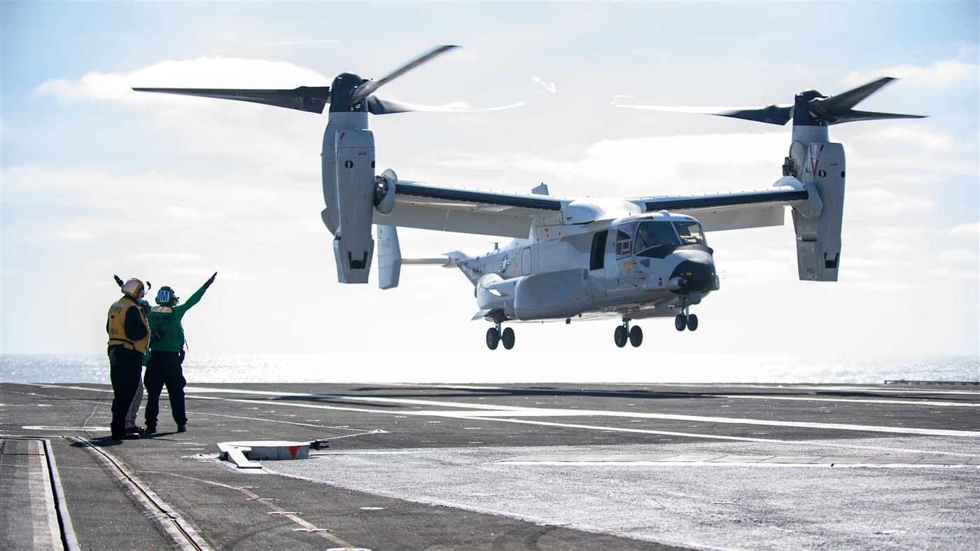 U.S. Navy MV-22 Osprey landing on a carrier flight deck